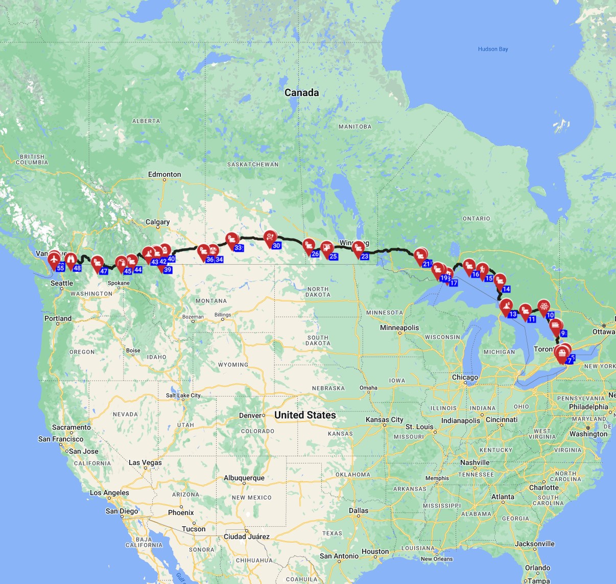 Map for Toronto to Vancouver - Trans Canada  East to West